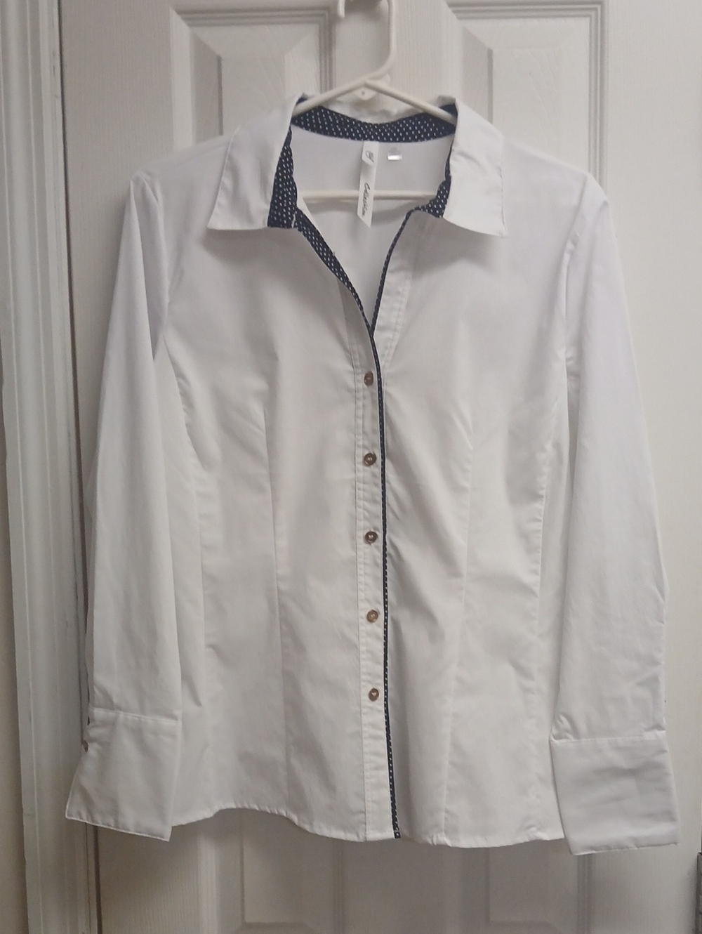 ​NY Collection White Button-Down Shirt Navy Trim Blouse PXL NWOT